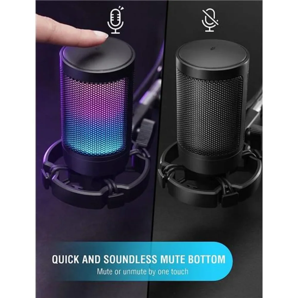 Gaming USB Microphone for PC PS5, Condenser Mic with Quick Mute, RGB Indicator